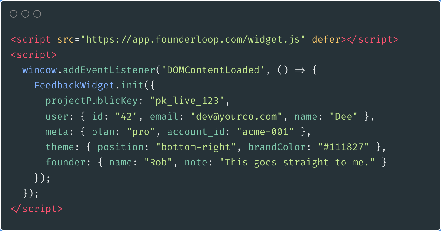 Code demo showing FounderLoop integration